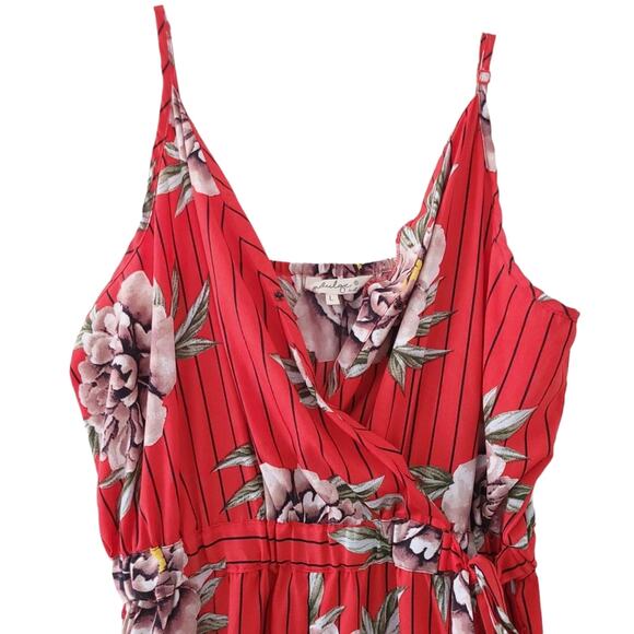 Indulge Floral Sleeveless Romper Large Juniors Red, Striped, Faux Wrap Surplice - Picture 2 of 4